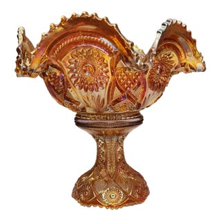 Vintage Imperial Glass Carnival Twins Bowl With Pedestal Hobstars and Arches For Sale