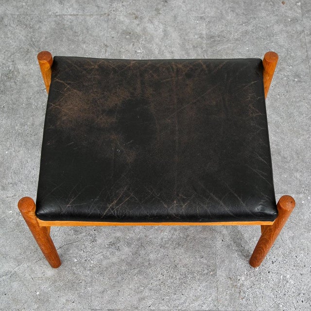 Mid Century Modern Ottoman Stool Swivel Black Solid Oak Wood Tufted Spottrup MCM For Sale - Image 10 of 12