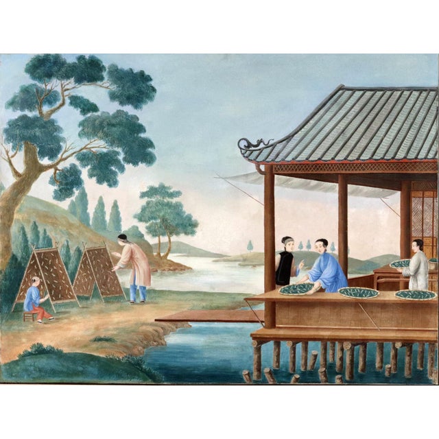 Fine China Trade Watercolor on Paper: Silk Processing—Feeding of Silkworms Circa 1780–1820 For Sale In Philadelphia - Image 6 of 13