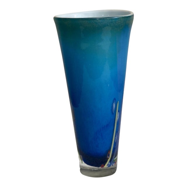1950s Venetian Hand Blown Blue Art Glass Vase With Gold Inclusion by Milefiori of Murino For Sale