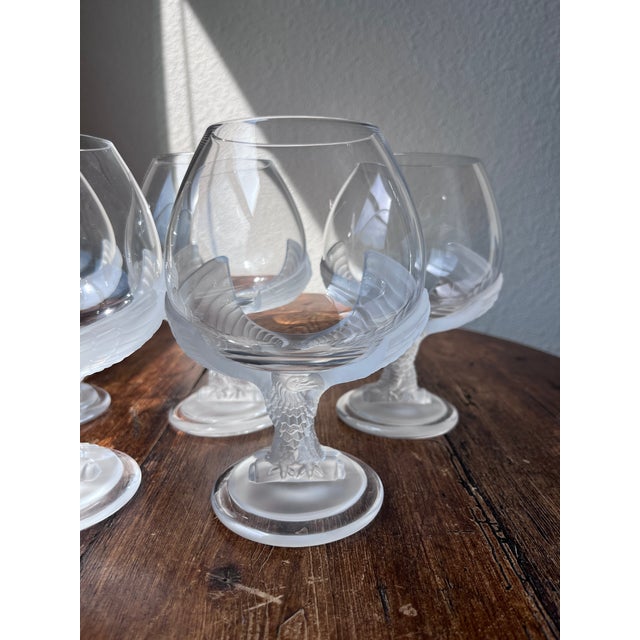 American 1980s Cristal De Sevres Napoleon Crystal Brandy Balloon Glasses With Frosted Eagle Stem Bases- Set of 6 For Sale - Image 3 of 9