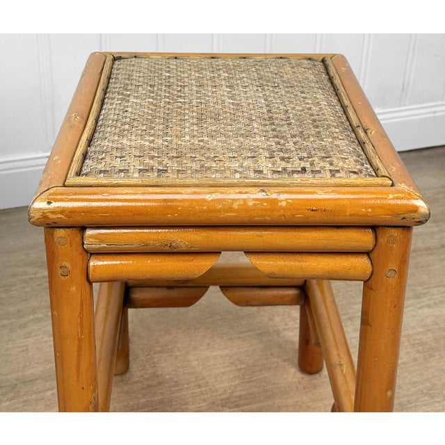 Vintage 1970s Coastal Rattan End Table Stands W/ Wicker Tops - A Pair For Sale - Image 6 of 10