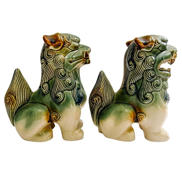 Chinoiserie Late 20th Century Pair of Green & Blue Glazed Ceramic Foo Dog Figurines For Sale - Image 3 of 9
