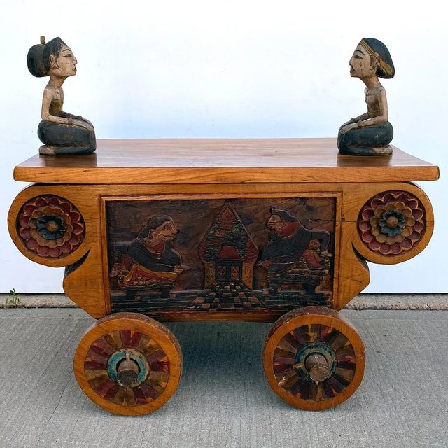 Indonesian Folk Art Painted Teak Figural Wheeled Cart Chairish