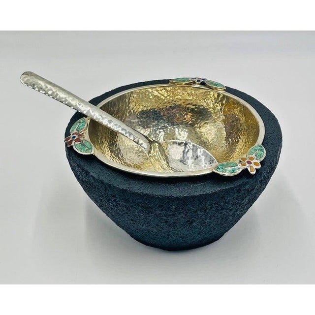 Mexican 1980s Emilia Castillo Silver Bowl With Volcanic Rock Base & Spoon, Mexican Modernism For Sale - Image 3 of 18