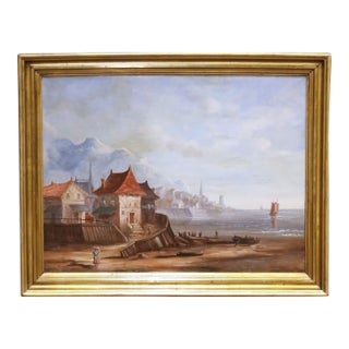 19th Century French Coastal Harbor Marine Oil Painting in Giltwood Frame For Sale
