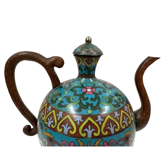 This object is a Vintage Chinese Cloisonné Ewer / Teapot, crafted using detailed enamel-on-copper work with a signature...