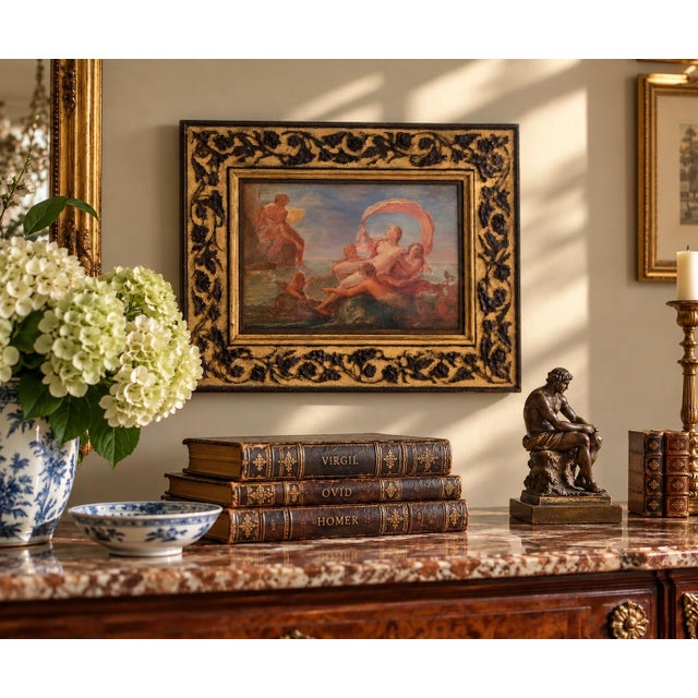 A beautiful Italian antique hand-painted gilt wood framed oil on board Neoclassical painting of an allegorical scene...