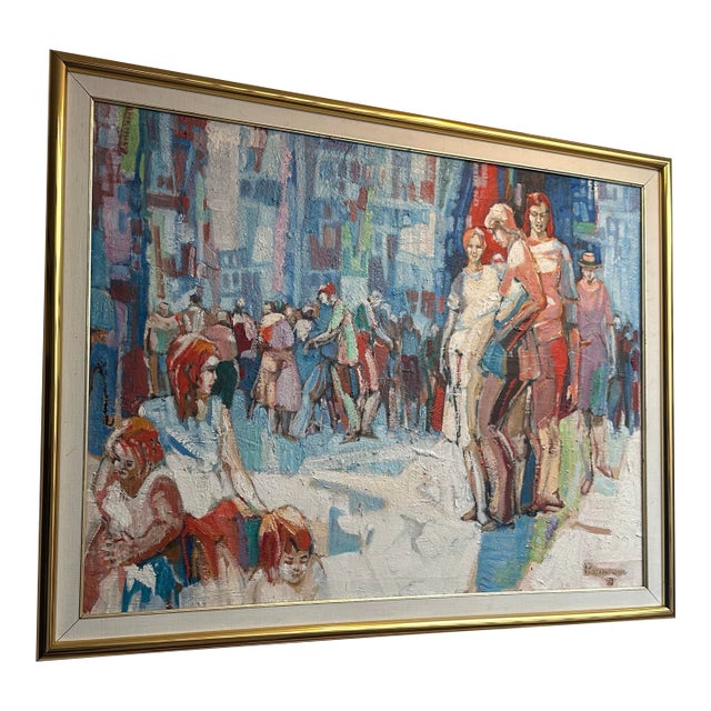 Large 1960s Mid-Century Expressionist Urban Crowd Scene Oil Painting by Irving Rosenzweig For Sale