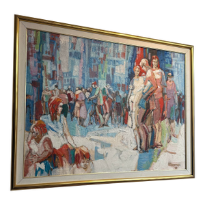 Large 1960s Mid-Century Expressionist Urban Crowd Scene Oil Painting by Irving Rosenzweig