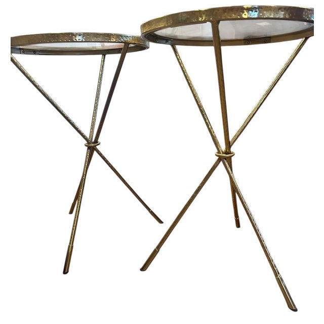 1970s An Elegant Pair of Midcentury Italian Hand-Hammered Gilded Tripod Drinks Tables Captures the Essence of Refined European Craftsmanship. For Sale - Image 5 of 5