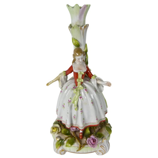 Antique Von Schierholz German Porcelain Courtly Lady Figural Candlestick With Applied Roses and Leaves . Dresden Style For Sale - Image 13 of 16