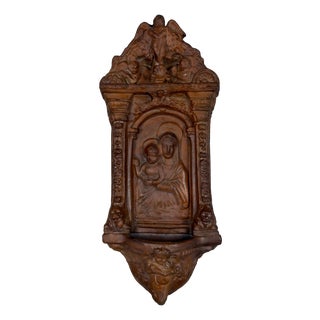 Vintage Terracotta Holy Water Stoup with Madonna and Child, 20th Century For Sale