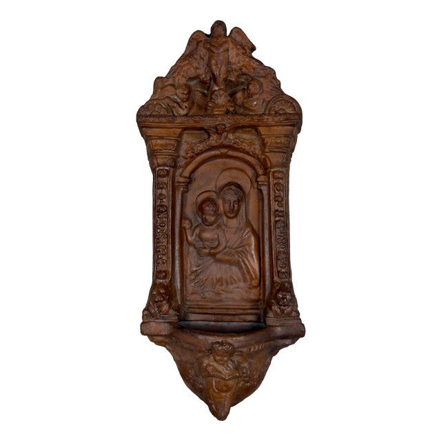 Vintage Terracotta Holy Water Stoup with Madonna and Child, 20th Century For Sale