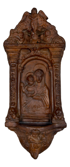 Vintage Terracotta Holy Water Stoup with Madonna and Child, 20th Century