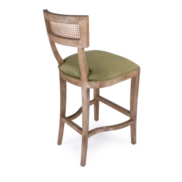 French Country Carvell Cane Back Bar Stool - Olive Velvet / Weathered Oak Frame For Sale - Image 3 of 4