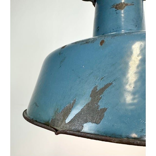 Industrial Blue Enamel Factory Lamp with Cast Iron Top, 1960s For Sale - Image 6 of 16