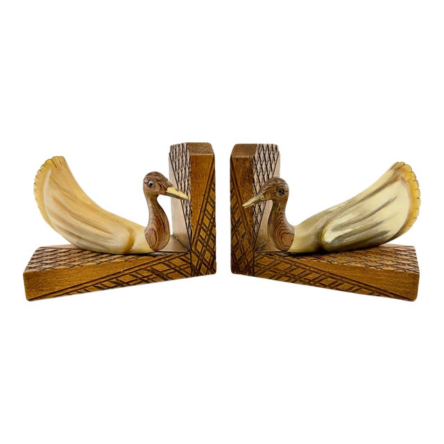 Vintage Carved Wood and Horn-Style Bird Bookends, a Pair For Sale