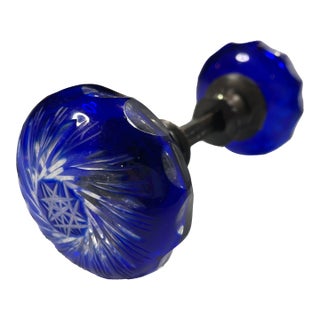 Antique / Vintage Bohemian Czech Cut Glass Swirl Starburst Door Knob Home Fixture Art Glass Blue Rare Set For Sale