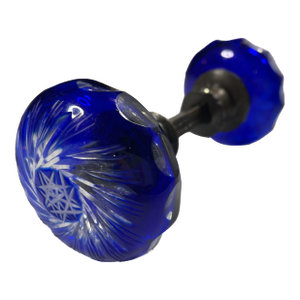Antique / Vintage Bohemian Czech Cut Glass Swirl Starburst Door Knob Home Fixture Art Glass Blue Rare Set