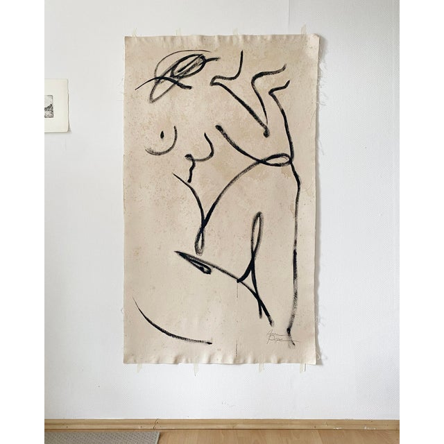 “Female Unprimed 10” (2026). Acrylic on unprimed canvas by Anna Pepe. Elegant abstract female body painting, black lines...