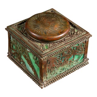 Antique Stained Glass & Bronze Inkwell in Green by Tiffany For Sale