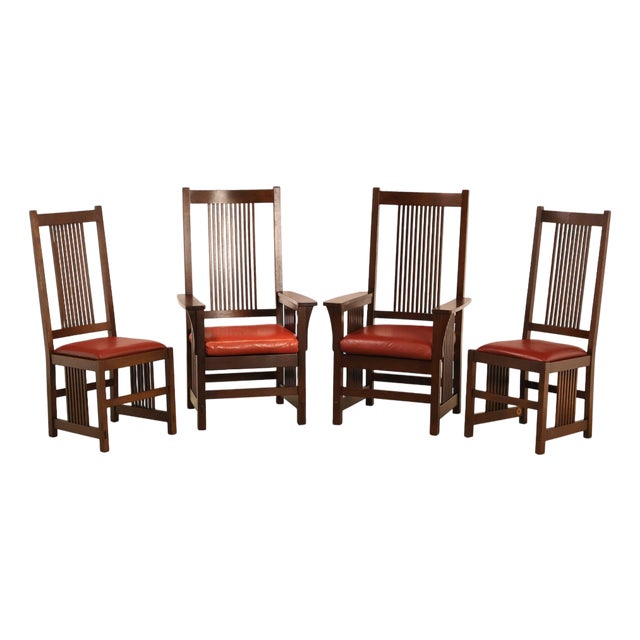 Stickley Mission Collection Set Of Four Oak High Back Spindle Dining Chairs For Sale