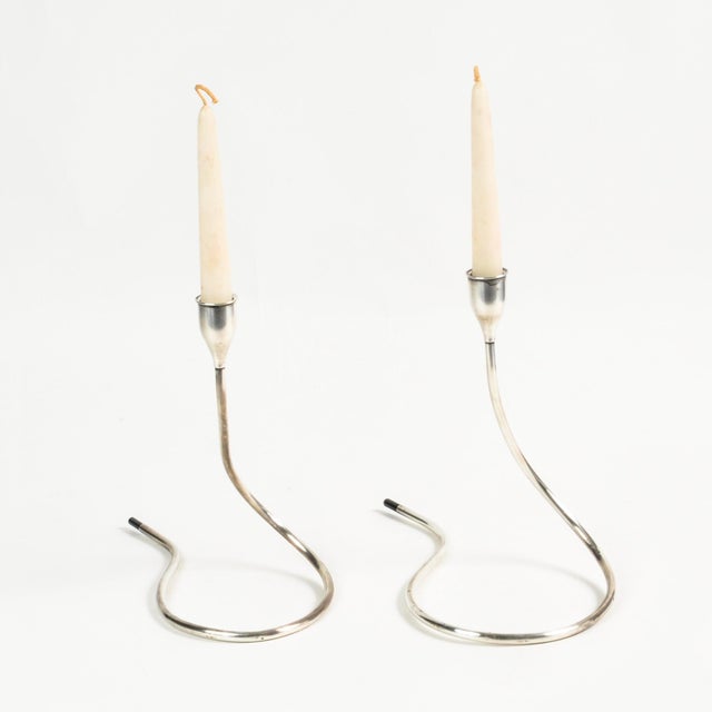 Designer sterling silver statement modernist candle holders circa 1950's. Appropriately marked on the interior of the...