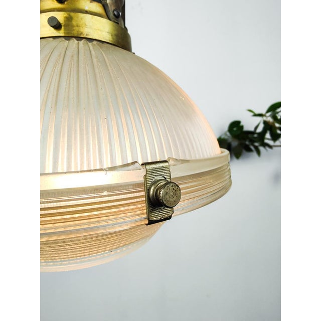 Metal Antique French 2 Part Glass Holophane Pendant Light, 1920s For Sale - Image 7 of 8