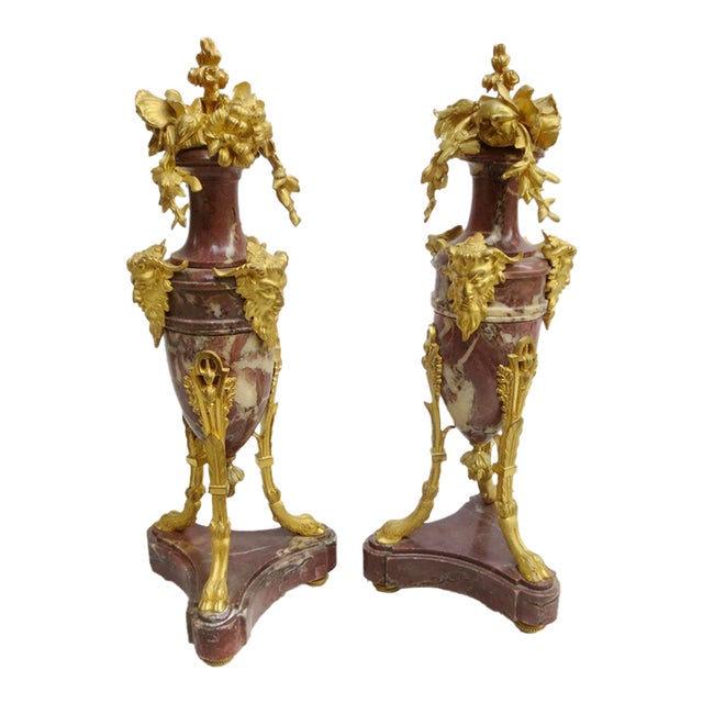 Pair of Gilt Bronze and Marble Garniture For Sale