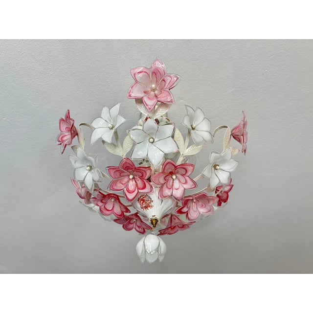 Vintage Italian Murano Style Glass Floral Chandelier - Pink & White Flower 1980s For Sale - Image 18 of 18