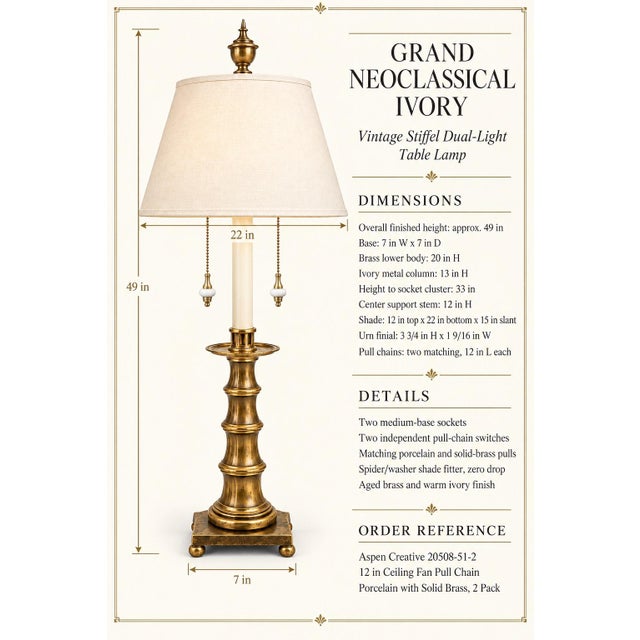 Stiffel Vintage Monumental Stiffel Neoclassical Brass Dual-Light Table Lamp With Ivory Linen Shade For Sale - Image 4 of 8
