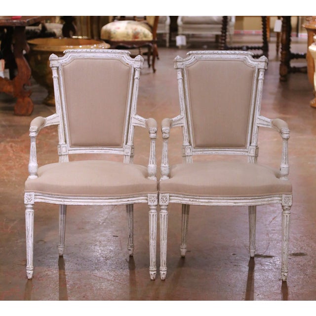 French Pair of 19th Century French Louis XVI Painted Armchairs With Upholstered Seats For Sale - Image 3 of 10