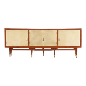 MCM Mahogany Sideboard With Argent Parchment-Covered Doors, C. 1950