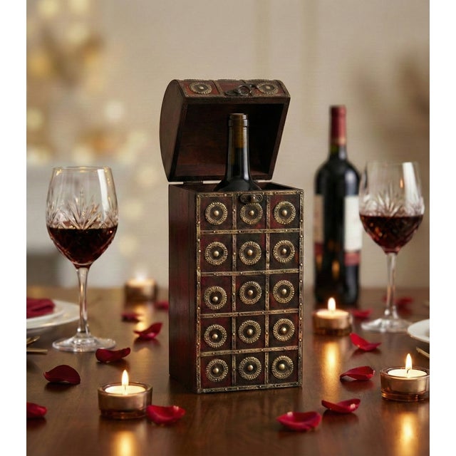 Rustic European Ornate Wooden Wine Gift Box | Unique Holiday Party Gift | Antiqued Red Gold Color Bag | Special Housewarming Bar Present | Unusual Decor For Sale - Image 3 of 7
