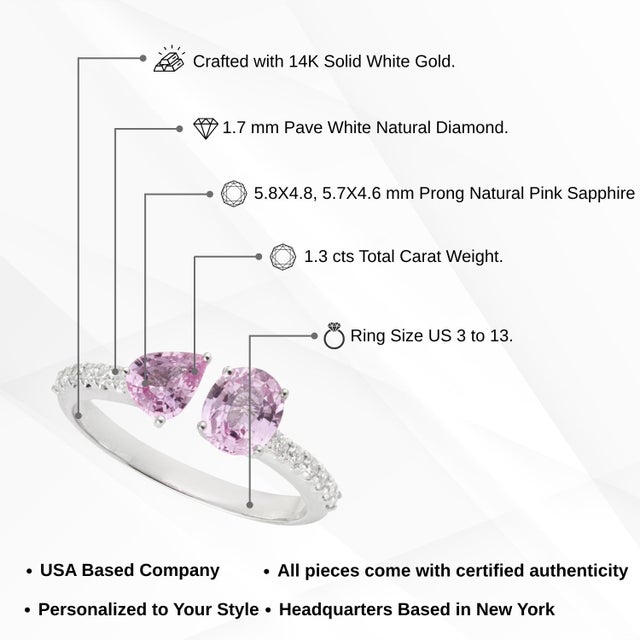 Toi Et Moi Pink Sapphire & Pave Diamond Open Bypass Ring 1.3ct in 14k Gold Size 6 For Sale - Image 13 of 16
