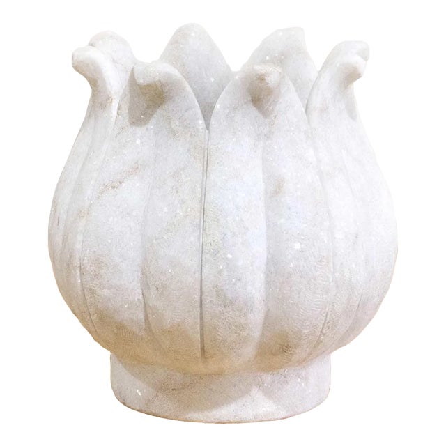 Carved White Marble Lotus Vase-Bagh For Sale