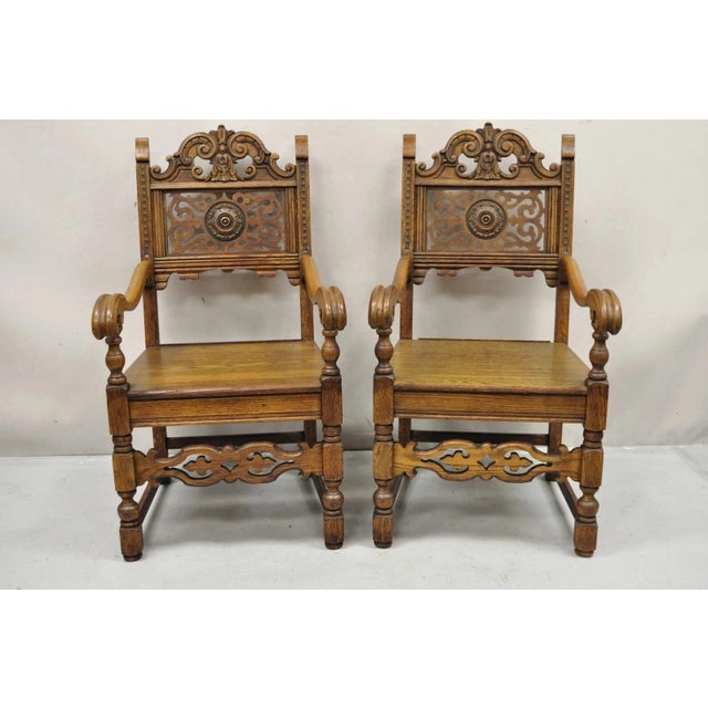 Renaissance Antique Vanleigh Carved Oak Italian Renaissance Style Throne Arm Chairs - A Pair For Sale - Image 3 of 12
