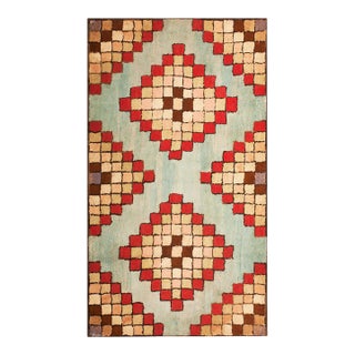 1920s Multicolor Diamond Square Antique American Hooked Rug 3'0" X 5'2" Handknotted Wool Carpet For Sale