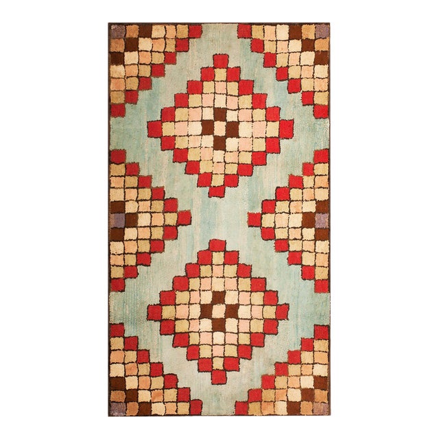 1920s Multicolor Diamond Square Antique American Hooked Rug 3'0" X 5'2" Handknotted Wool Carpet For Sale