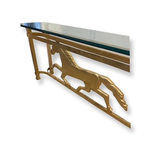 Vintage Gilded Iron Glass Top With Horse Design Console Table For Sale - Image 4 of 4