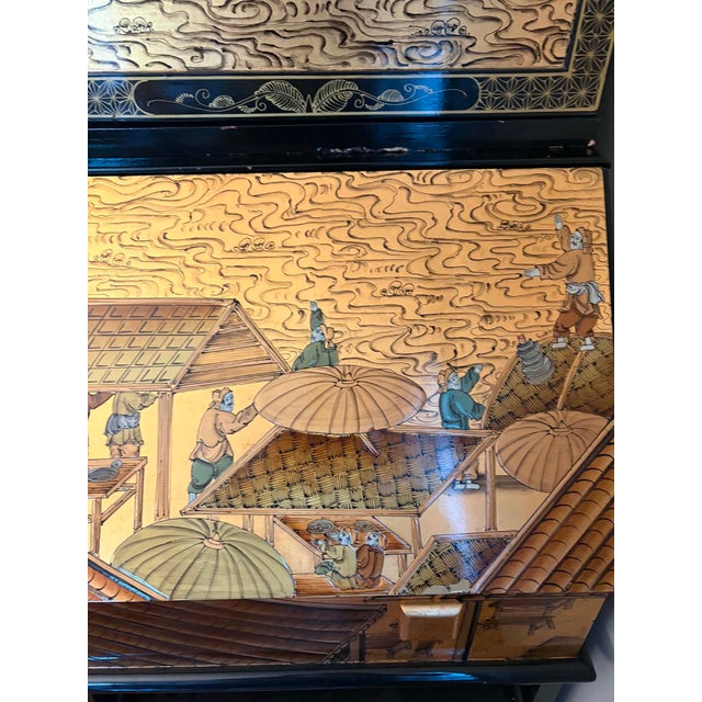 Hand-Painted Vintage Chinoiserie Village Scene Secretary Desk & Bookcase For Sale - Image 9 of 17