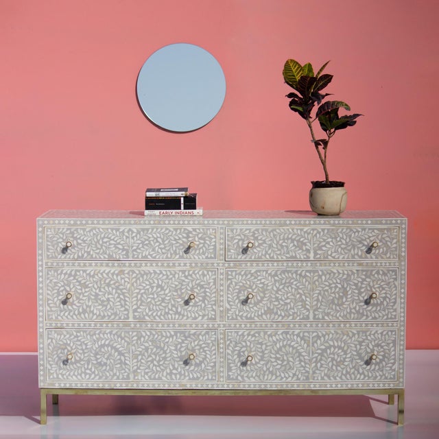 Arabesque Bone Inlay Six-Drawer Dresser - Grey by House of Jaipur For Sale - Image 6 of 7