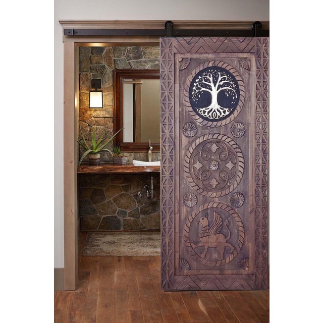 Hand-Carved Solid Wood Barn Door With Tree of Life & Mythological Griffin Motifs – Artisan Entry Door For Sale - Image 4 of 8