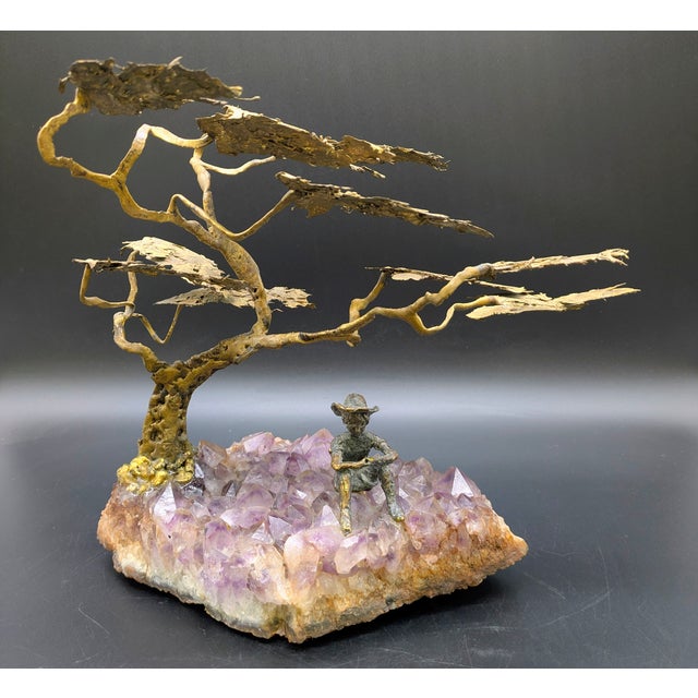 Vintage Bronze & Amethyst Sculpture: Boy Sitting Under Tree For Sale - Image 4 of 10