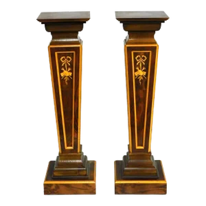 Pair Squared Top/ Burlwood Continental Inlaid Display Pedestals