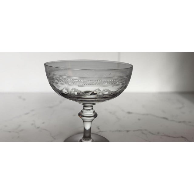 Engraved Crystal Champagne Coupes, 19th Century, 1890s, Set of 8 For Sale - Image 5 of 12
