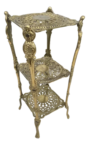 Vintage Ornate Brass Three-Tier Plant Stand Accent Table — Hollywood Regency Style