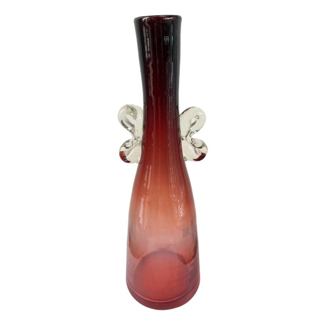 Ruby Red Bottle Vase with Applied Clear Glass Wings by Jerzy Słuczan-Orkusz for Huta Szkła Tarnowiec, Poland, 1970s For Sale