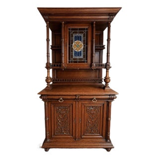 1880's French Carved Oak Two Piece Cupboard With Stained Glass For Sale